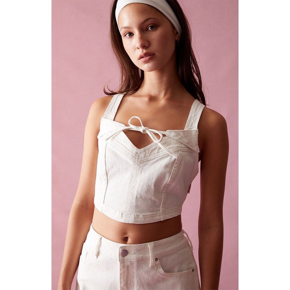 Barbie by PacSun Denim Corset Top XS White Barbiecore Coquette Cropped Tie Front